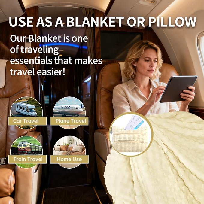 Travel Blanket and Pillow-2-in-1, Ultra-Soft&Compact, Airplane Blanket with Hand Luggage Belt and Backpack Clip,Travelers Accessories Gifts, 61x43 Inches（White） - Image 3