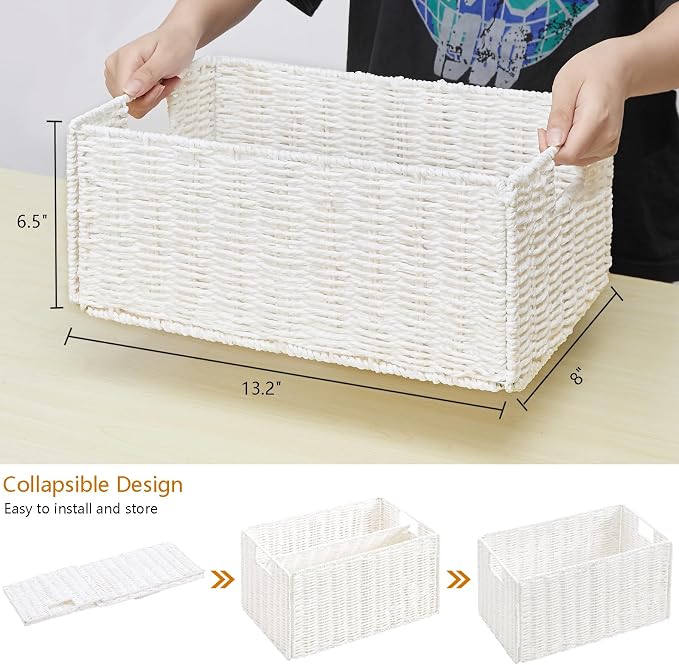 Wicker Storage Basket, Set of 2 Hand-Woven Paper Rope Wicker Basket, Small Storage Baskets for Organizing Toilet Paper Basket, Foldable Large Cube Storage Organizer Bins for Shelves (White) - Image 2