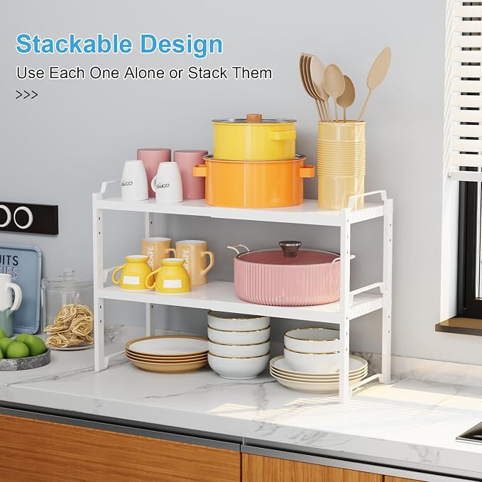 4 Pack Kitchen Cabinet Shelves Organizers, Kitchen Counter Storage Shelf Spice Rack, Expandable Length, Adjustable Height, Stackable, Sturdy 30LBS Bearing, Small Cupboard Tabletop Organizer Shelf Rack - Image 5