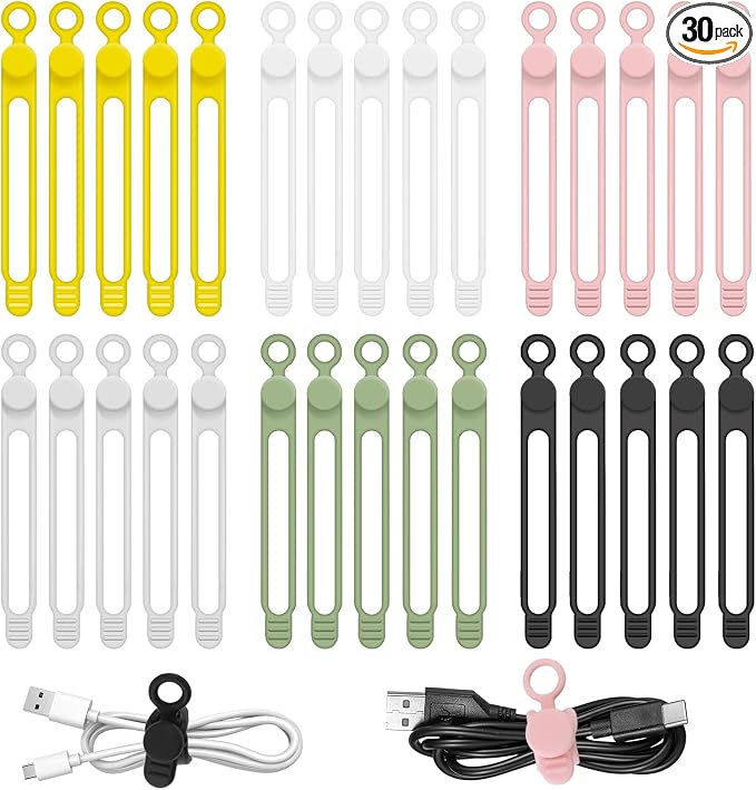 30Pcs Reusable Silicone Cable Ties 4.2in Wire Organizers for Cords, Charging Cables, USB Data Cables Electrical Cord Management 6Colors by CozyNestMo