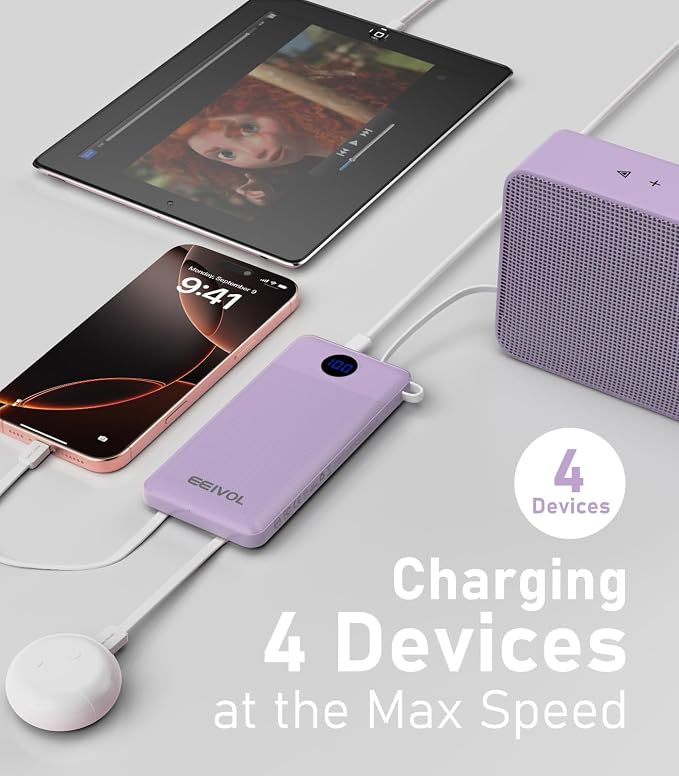 Portable Charger with Built in Cables, Slim 10000mAh Power Bank, USB C Battery Pack Travel, 4 Output 2 Input External Charging Bank for iPhone 17/16/15/14/13,Samsung, Android, etc-Purple(1 Pack) - Image 2