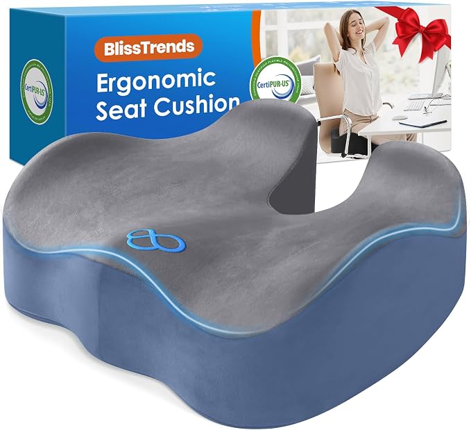 BlissTrends Memory Foam Seat Cushion for Office Chair & Car Seat Grey&Blue | 4.7in Ergonomic Tailbone & Sciatica Support with Removable Velvet Cover for Pressure Relief and Long Sitting Comfort by BlissTrends
