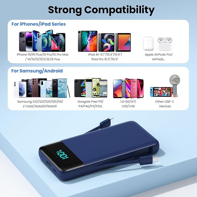 Portable Charger for iPhone,13800mAh Slim Power Bank with Built-in Cables & AC Wall Plug,All in One 4 Outputs USB C Fast Charging Battery Pack Travel Essential for iPhone 17/16/15/14,Android (Blue) - Image 6