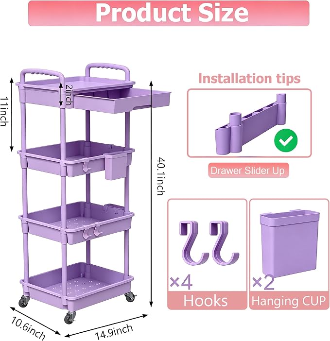 REBECAT 4 Tier Rolling Cart with Drawer, Utility Storage Cart on Wheels for Kitchen, Bathroom, Living Room,Office(Purple) - Image 2