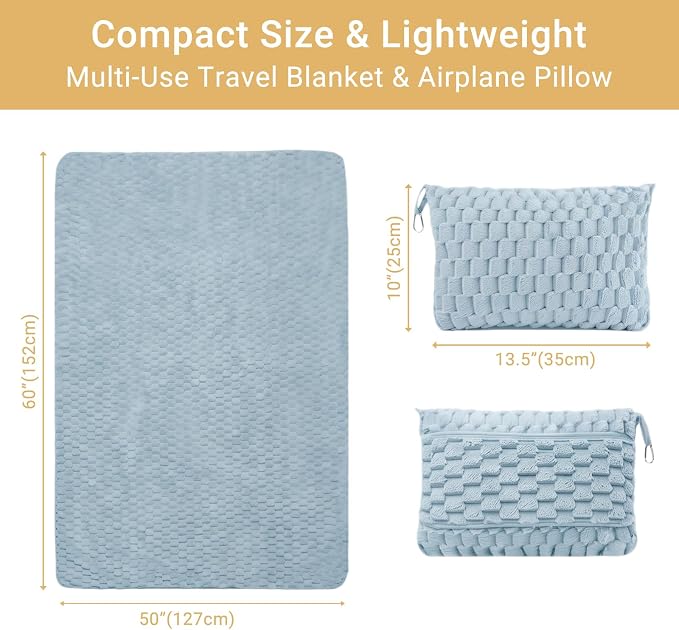 Travel Blanket with Bag, Soft Fleece Portable Airplane Blanket, Light Blue | Soft fleece travel blanket 50x60in grey. 5-in-1: pillow, lumbar support, shawl, hand warmer. Washable, luggage sleeve, clip. - Image 6
