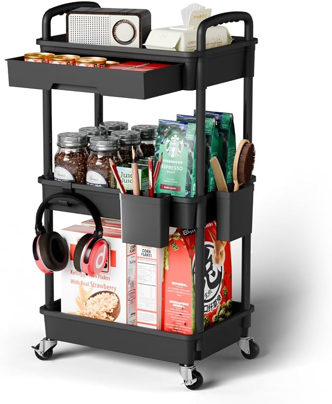 Sorgion 3 Tier Rolling Cart Organizer,Laundry Room Bathroom Organizers and Storage Office Shelves Mobile Shelving Unit Kitchen Trolley Cart with Wheels for Art,Craft,Diaper,Bedside,Snack(Black) by Sorgion