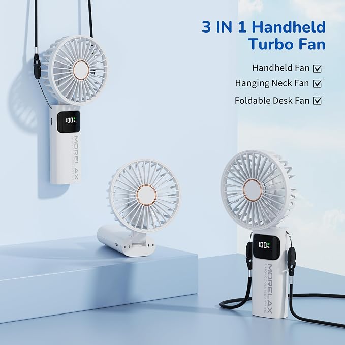 Portable Handheld Fan, USB Rechargeable Foldable Mini Personal Fan, 5200mAh, 180 Adjustable, 6 Speed Wind, 3 IN 1 Hand Cooling Desk Fan with LED Display for Home Office School Outdoor Travel, White - Image 4