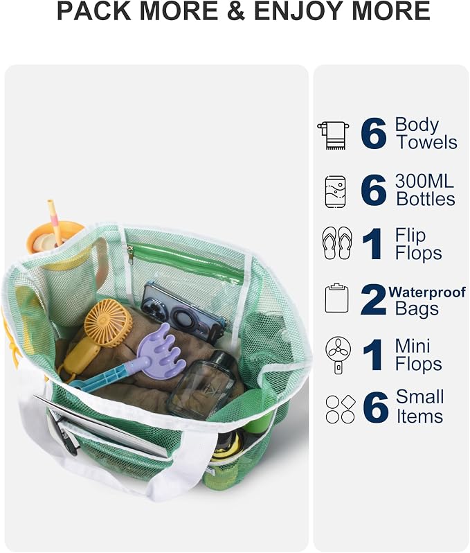 Genteen 40L Mesh Beach Bag, Foldable Sandproof Tote with Waterproof Pocket Quick Dry for Women Family Pool Vacation - Image 6