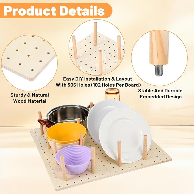 3-Pack Wood Pegboard Drawer Organizer with 24 Adjustable Pegs – Customizable Kitchen Drawer Plate & Utensil Organizer, Natural Wood - Image 3