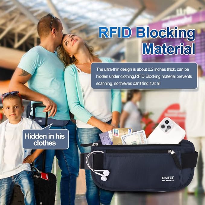 RFID Blocking Money Belt for Men Women, Slim Fanny Pack for Travel，Running,Conceal Waist Wallet for Passport Holder,Phone,Cash(Black Dark Blue) - Image 7