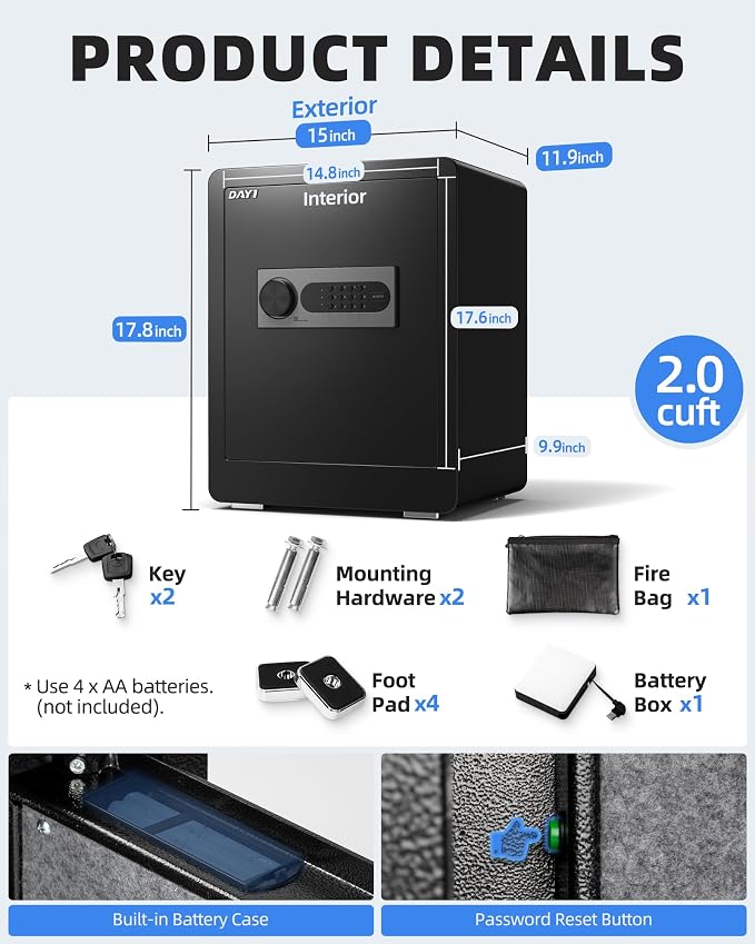 DAYI Safe Box, 2.0 Cubic Feet Home Safe with Fireproof Waterproof Bag, Security Safe Box for Money Cash Valuables, Digital Electronic Keypad, Dual Alarm System, Removable Shelf - D-45 - Image 6