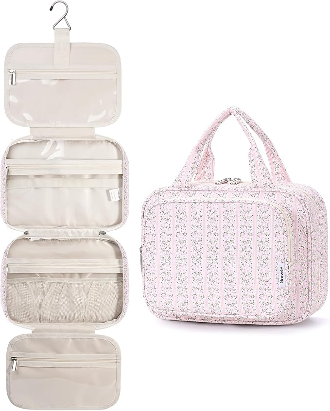 Narwey Hanging Toiletry Bag for Women Travel Makeup Bag Organizer Toiletries Bag for Travel Size Essentials Accessories Cosmetics (Pink Flower Buds (Medium)) by Narwey
