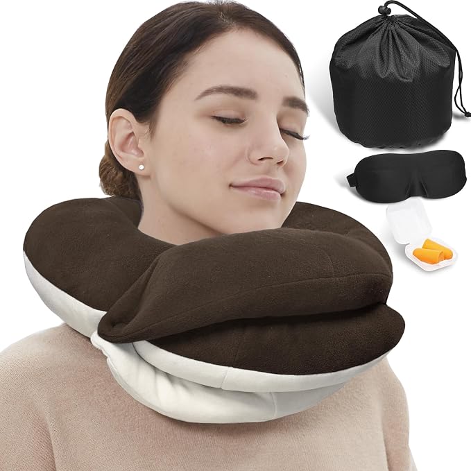 Travel Neck Pillows for Airplanes, Memory Foam 360° Head Support Sleep for Long Flight, Skin-Friendly & Breathable, Kit with Eye Mask, Earplugs and Storage Bag (Adult, Brown, 90+ lbs) by BUYUE