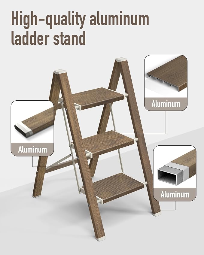 Mayi Plus 3 Step Stool Foldable, Aluminum, Lightweight Step Ladder | Extra-wide anti-slip folding steps with 330 lbs, for home,kitchen,office,outdoor,Cherry woodgrain - Image 2