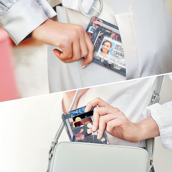 FINTIE Slim Front Pocket Wallet, RFID Blocking Credit Card Holder | Minimalist Card Cases with ID Window for Men Women, blooming hibiscus - Image 7