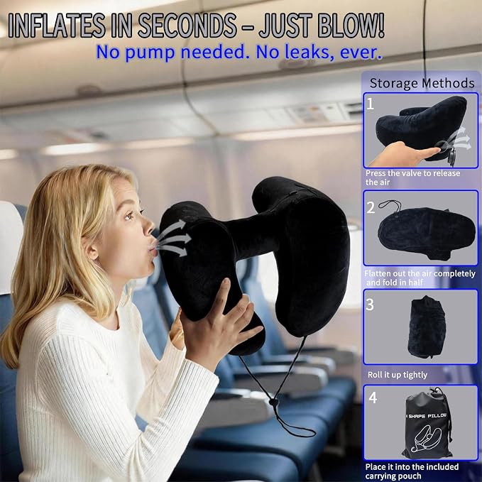 H-Shaped Travel Pillow with Snap-On Hood – Ergonomic Neck Support with Plush Velvet Cover, Instant Inflation & Compact Bag – for Airplane, Car, Office & Long Trips (Black) - Image 3