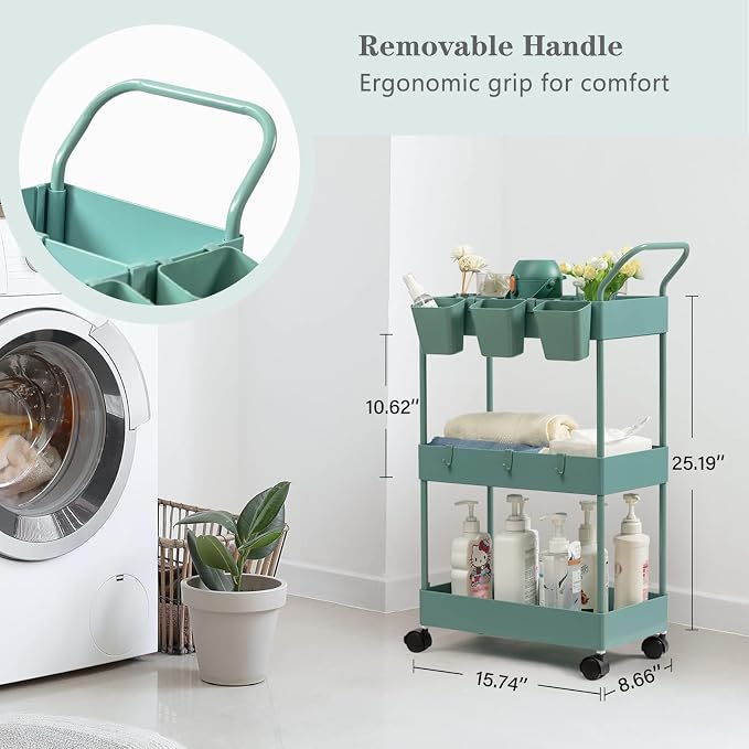 danpinera Storage Cart on Wheels, 3 Tier Bathroom Cart Organizer Slim Laundry Narrow Shelf with Wheels Dividers Hanging Cups Hooks Handle Easy Assembly, Green - Image 2