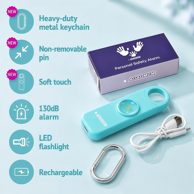 Rechargeable Personal Safety Alarm for Women | 130dB Loud Siren & Strobe Light & Low Battery Notice, Emergency Keychain Alarm for Self Defense (Aqua) - Image 2