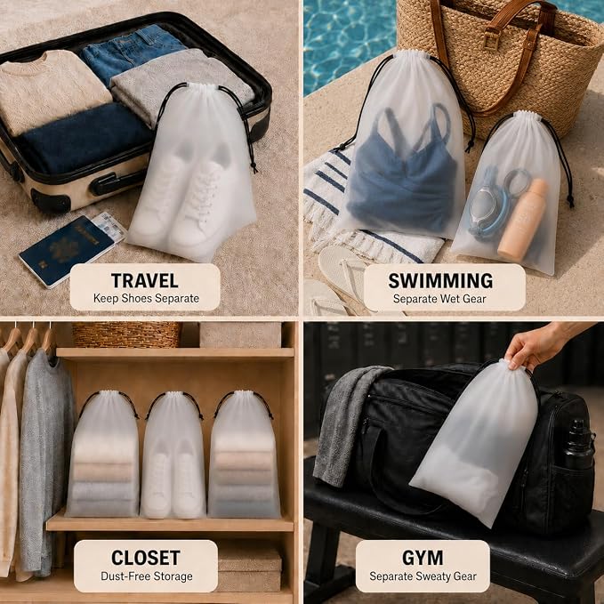 18 Pack Clear Shoe Bags for Travel Essentials Reusable Storage | 15.7"×11.8" PEVA Drawstring, Water-Resistant, Fits up to Men’s 12–13, for Clothes & Toiletries, Keep Luggage Tidy & Odor-Free - Image 7