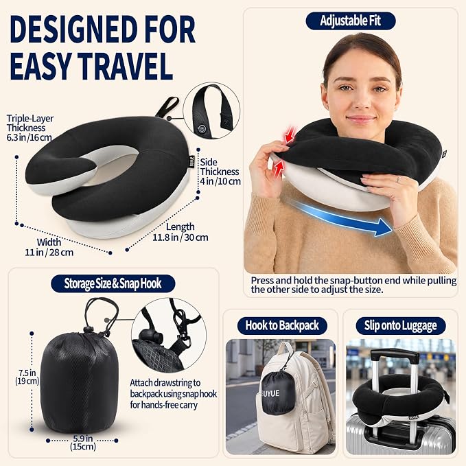 Travel Neck Pillows for Airplanes, Memory Foam 360° Head Support Sleep for Long Flight, Skin-Friendly & Breathable, Kit with Eye Mask, Earplugs and Storage Bag (Adult, Black, 90+ lbs) - Image 5