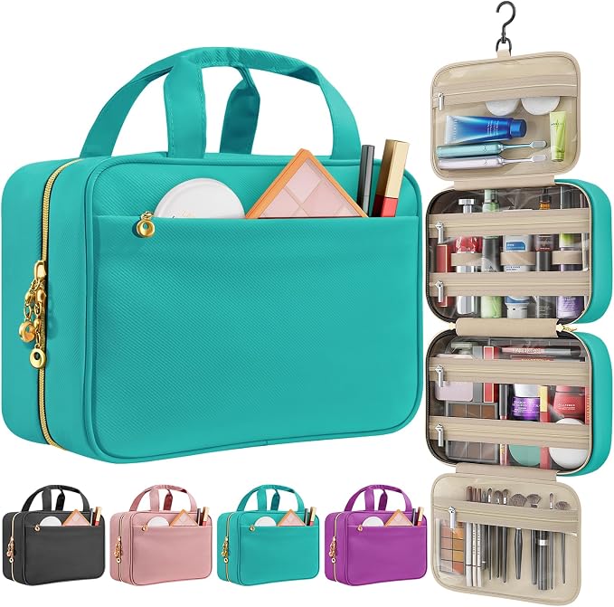 Travel Toiletry Bag for Women, Hanging Makeup Organizer Clear Pockets | Large Hanging Travel Organizer with Compartments, Front Pocket, Fits Full-Size Skincare, Makeup & Toiletries(Green, Medium) by Unknown