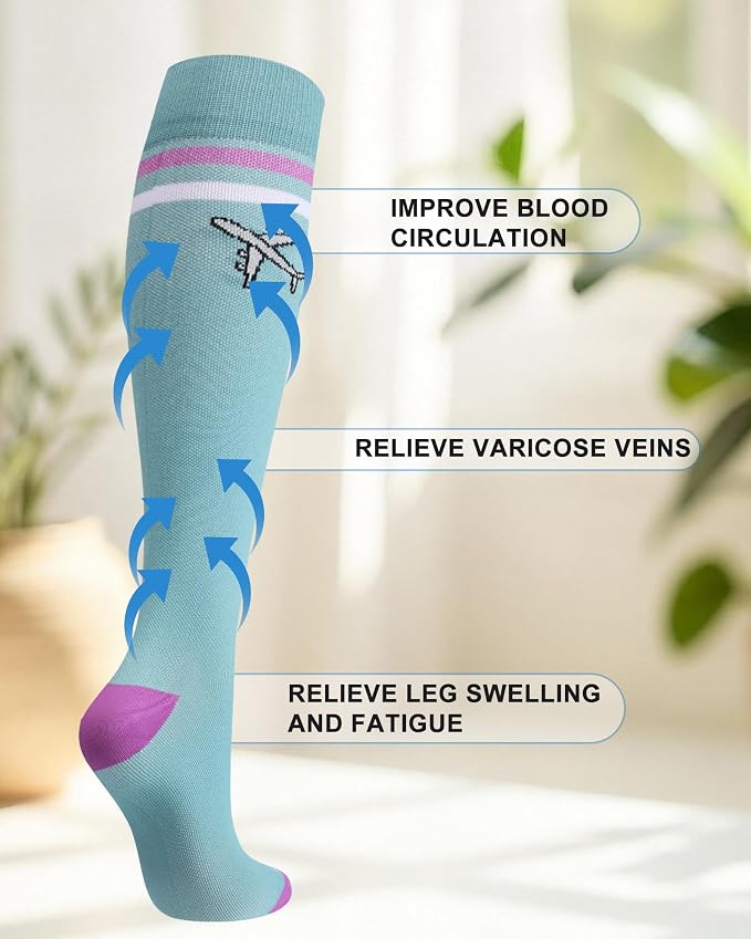 Skicuff 4 Pairs Travel Compression Socks for Women Men | 15-25mmhg Graduated Knee High Socks, Flying Support Stockings for Long Haul Flight, Nurses, Airplane, Travel, Pregnancy - Image 5