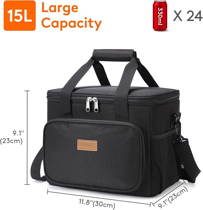 Lifewit Large Lunch Bag, Insulated Lunch Box, Soft Cooler Cooling Tote for Adult Men Women, Black 24-Can (15L) - Image 4