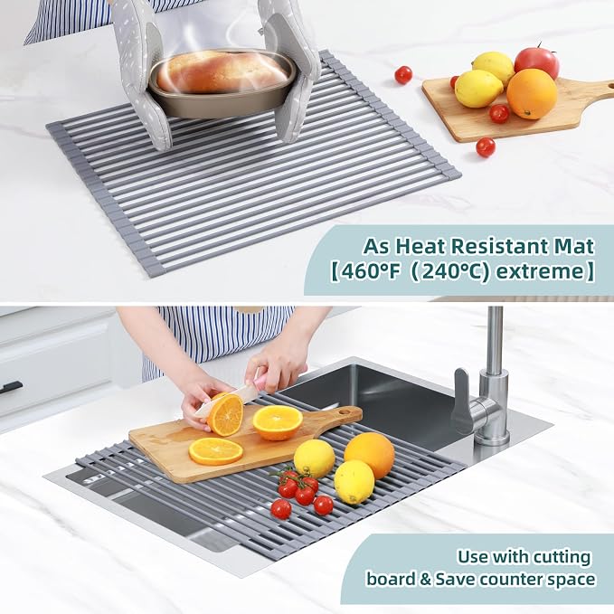 Ohuhu Over Sink Dish Drying Rack Silicone Wrapped 17.6" W x 15.4" L Large Over the Sink Roll Up Dish Drainer - Foldable Sink Drying Rack Rolling Drain Mats Anti-Slip Multipurpose for Kitchen Counter - Image 3