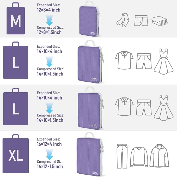 4 Set Compression Packing Cubes, Suitcase Organizer, Lightweight Travel Essentials, Compression Bags For Travel Accessories Luggage Storage Set (4 Pcs, Purple) - Image 2