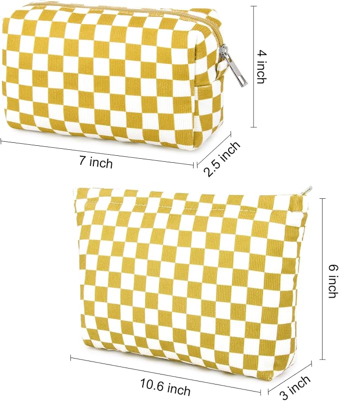SOIDRAM 2 Pcs Checkered Makeup Bag Large Cosmetic Bag Toiletry Bag Makeup Pouch Travel Bag Organizer Cute Makeup Brushes Aesthetic Accessories Storage Bag for Women Golden Yellow - Image 3