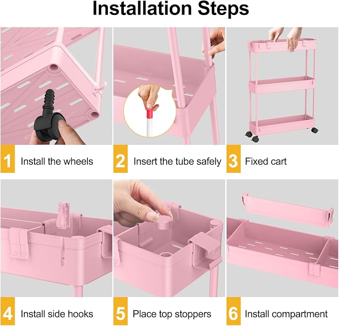 Slim Storage Cart 3 Tier,Bathroom Organizer Rolling Utility,Mobile Shelving Unit Slide Out for Office, Kitchen, Laundry Room & Narrow Places,Pink - Image 2