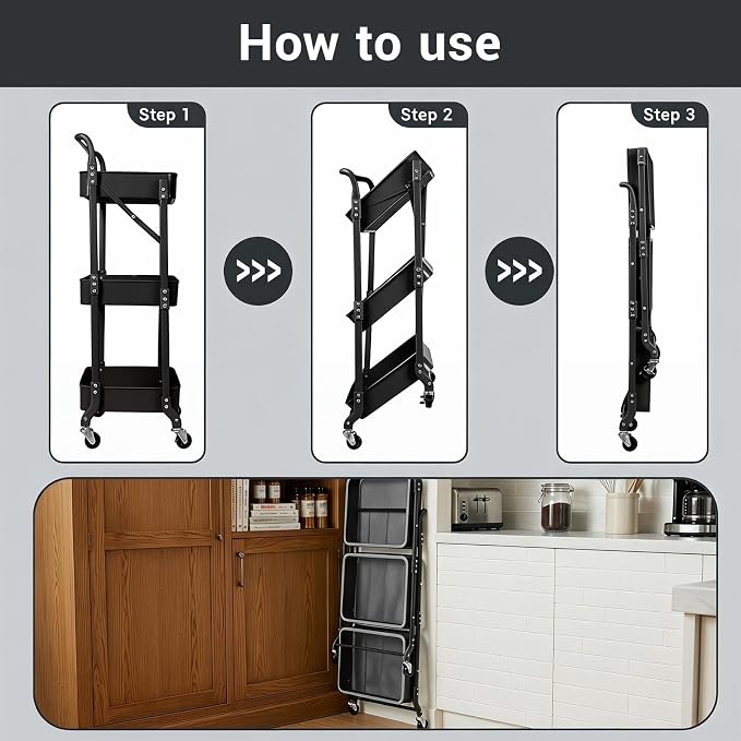 Amatic 3 Tier Foldable Rolling Cart with Wheels, Folding Utility Cart Organizer, Collapsible Rolling Storage Cart with 3 Hanging Cups & 6 Hooks for Kitchen, Office, Nursery(Black) - Image 3