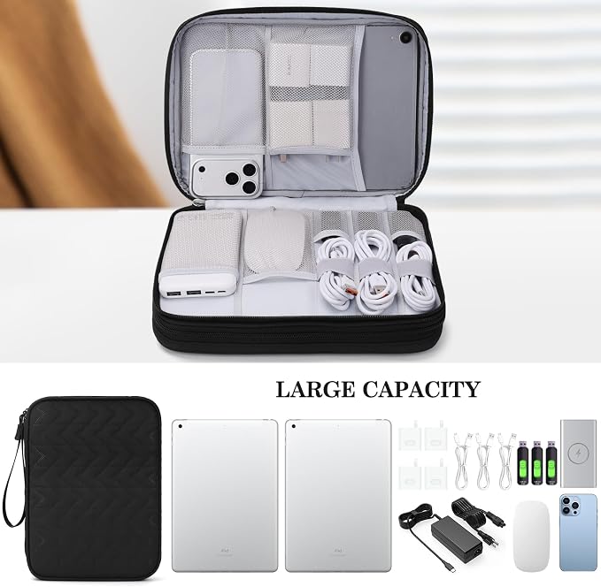 FYY Electronic Organizer, Travel Tech Pouch Bag, Extra Large, Black Quilted | Wrist Strap, Waterproof, Double Layers Electronics Travel Case for iPad, Cord, Laptop Charger, Daily and Business Trips Use - Image 6