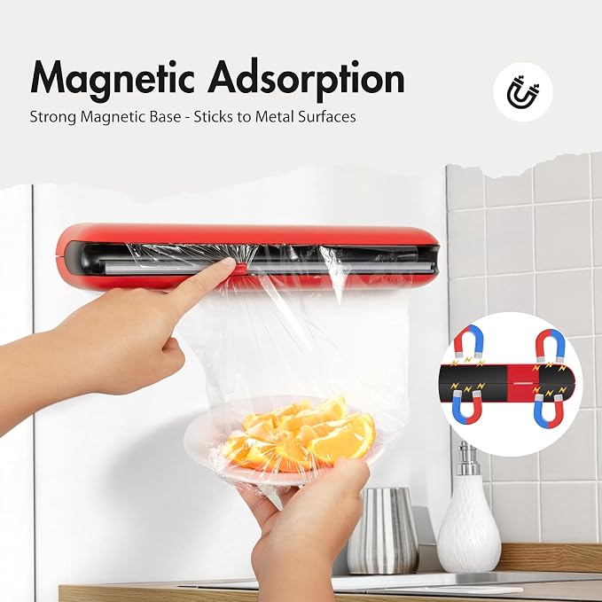 Aluminum Foil & Plastic Wrap Dispenser with Cutter - Easy One-Hand Operation, Space-Saving Kitchen Organizer for Worktops & Cabinets, Magnetic Cling Film Dispenser - Fits 12" Rolls, Red - Image 3
