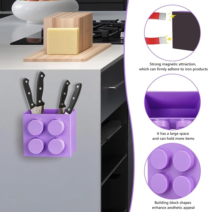 Magnetic Basket Organizer for Fridge - Lego-Style ABS Plastic Storage Box,No Drill Design for Kitchen Counter, Microwave & Whiteboard, Holds Up to 3.5 lbs (Light Purple) - Image 3