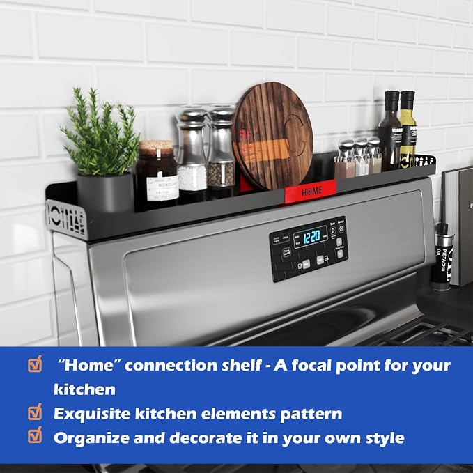 STUTOV 30" Magnetic Stove Top Shelf – Black Spice Rack with Red HOME Design – Seasoning Organizer for Back of Stove – Over Stove and Kitchen Storage Shelf - Image 3