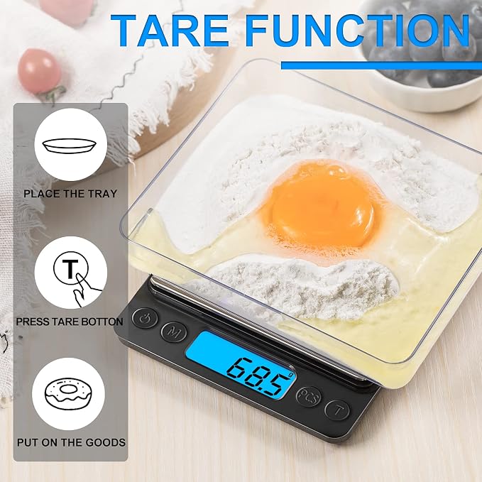 Digital Food Kitchen Scale Upgraded, YONCON 3000g/0.1g High Accuracy Mini Pocket Scale Measures in Grams and oz for Cooking, Baking, Jewelry, Tare Function,2 Trays, LCD Display (Batteries Included) - Image 4