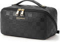 BAGSMART Makeup Bag Travel Cosmetic Bag, Large Make Up Bag Flat Open Toiletry Bag for Women, PU Leather Travel Essentials Organizer Case, Wide-open Pouch for Skincare, Brushes, Black Checkerboard by BAGSMART