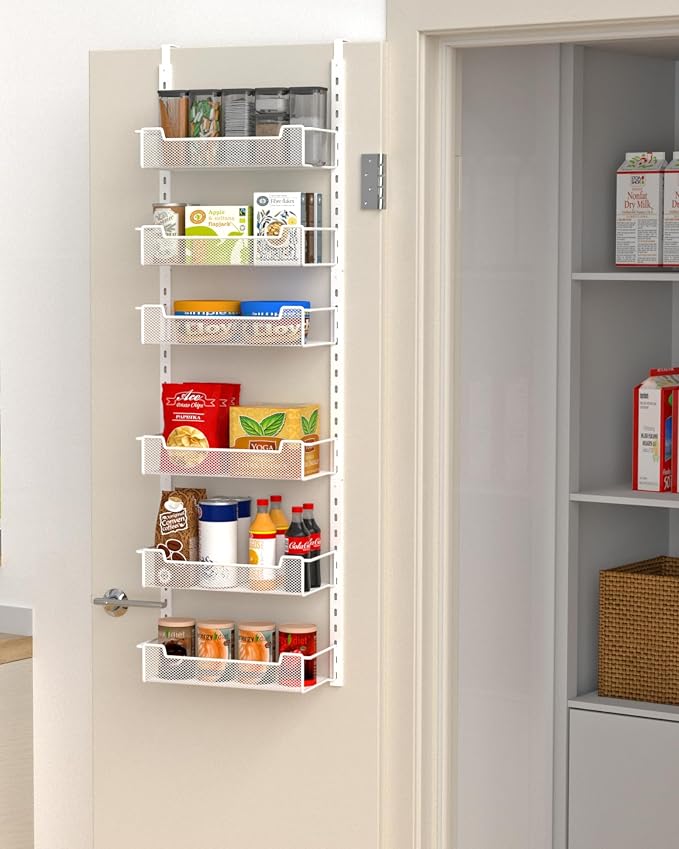 VyGrow 12.3" W Narrow Over the Door Pantry Organizer, 6-Tier Over the Door Organizer with Adjustable Basket, Pantry Door Organization for Pantry Kitchen Storage Room Spice Rack, White by VyGrow