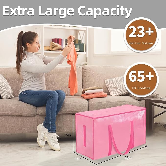 8 Pack-Extra Large Heavy Duty Moving Bags - Waterproof Storage Totes with Handles & Zippers, Foldable for College Dorm, Storage (Pink) - Image 3