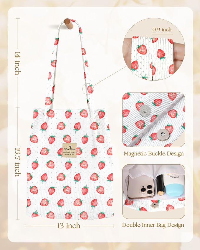 Miss Adola Corduroy Tote Bag for Women with Aesthetic Design | Magnetic Buckle & Pocket, Reusable, Soft, Roomy, Long Shoulder Handles, Double-sided Print, Casual Daily Work, Grocery Bags - Image 5