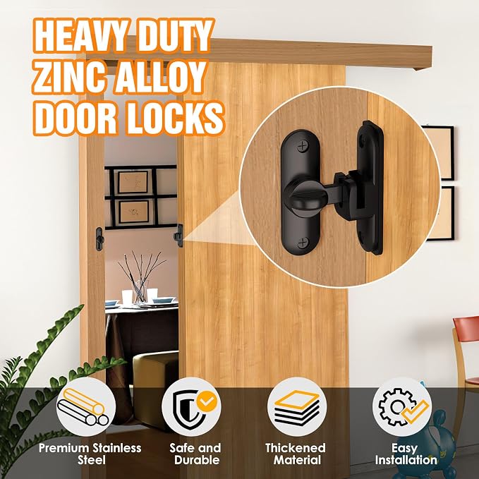 90/180 Degree Flip BarnDoor Lock, Small Door Latch, Black 1 PC | Heavy Duty Door Latch, Interior Sliding Door, Pocket Door, Bedroom, Bathroom, Cabinet, Privacy Lock, Includes Spacer - Image 2