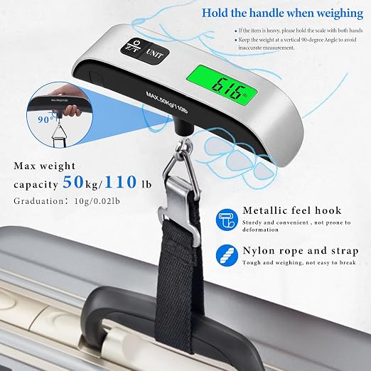 Luggage Scale, 110lb/50kg Portable Luggage Weight Scale, Silver | Unit Conversion,Automatic overload,Low battery warning modes,LED Display,for Weighing Luggage, Backpacks, Fruits and Pets - Image 4