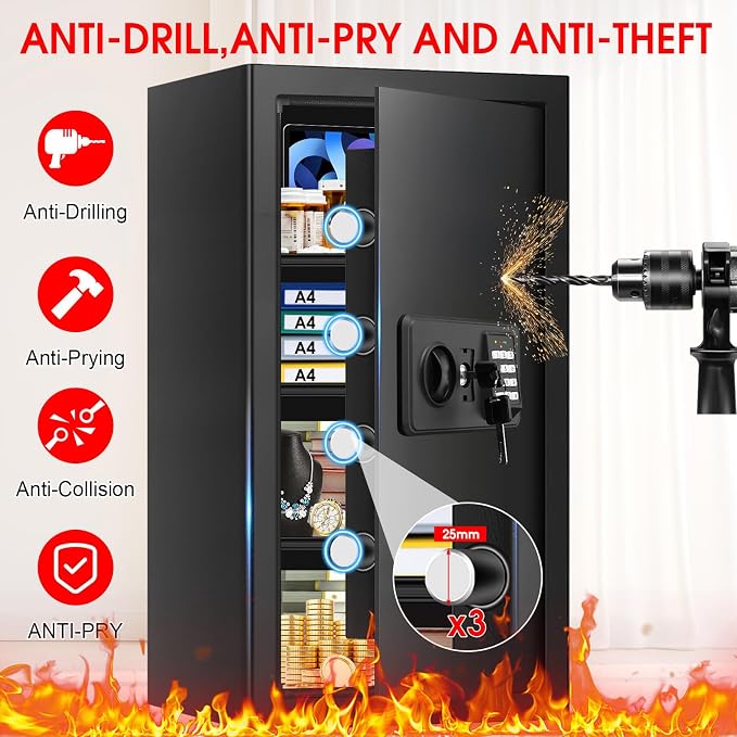 6.0 Cub Large Home Safes Fire and Waterproof, Anti-theft Fire Proof Safe Box with Digital Keypad, Key Lock and 3 Removable Shelves, Security Safes Fireproof Waterproof for Home Document Valuables - Image 3