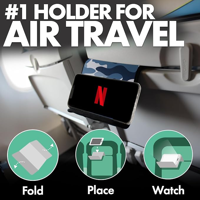 Airplane Phone Holder - Foldable Phone Stand for Plane Travel | Aluminum Build, 9 x 5 in. Blue Camo, Tabletop Mount Desk, Plane Tray Seat back, Treadmill, Fits iPhone Cell Phone - Image 2