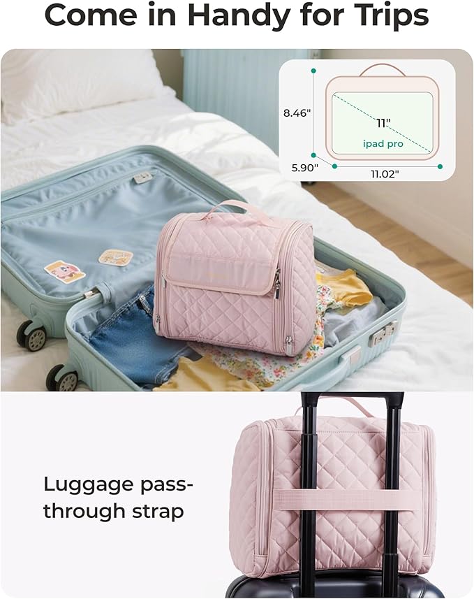 BAGSMART Travel Toiletry Bag, Large Capacity Cosmetic Bags for Women with Hanging Hook, Water-resistant for Toiletries Accessories Brushes Sponge, With Handle - Image 6