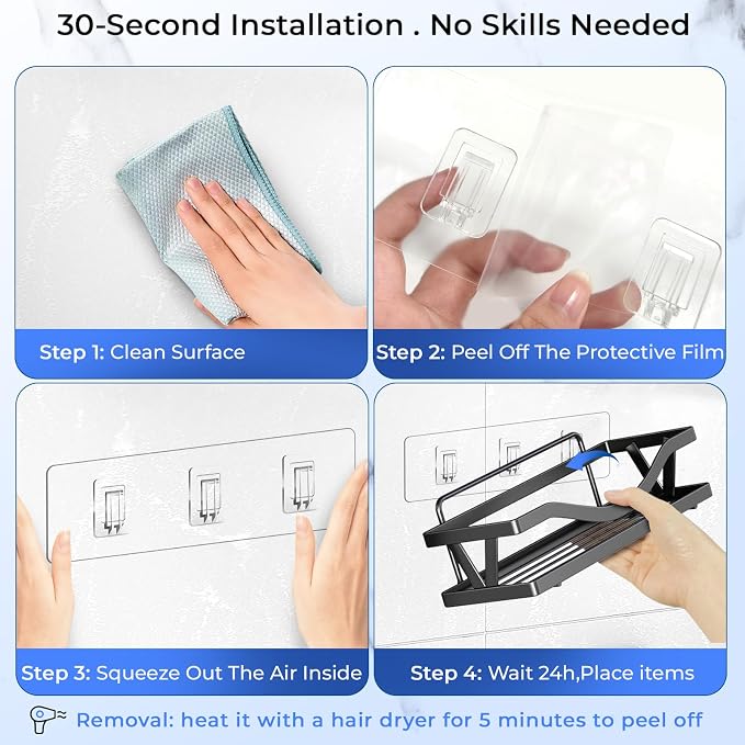 Shower Caddy Adhesive Replacement Hooks, Heavy Duty Waterproof Strips, No Drilling for Bathroom Shelves, Kitchen Racks, and Soap Holders (Transparent-4 Pack 3 Hook) - Image 7