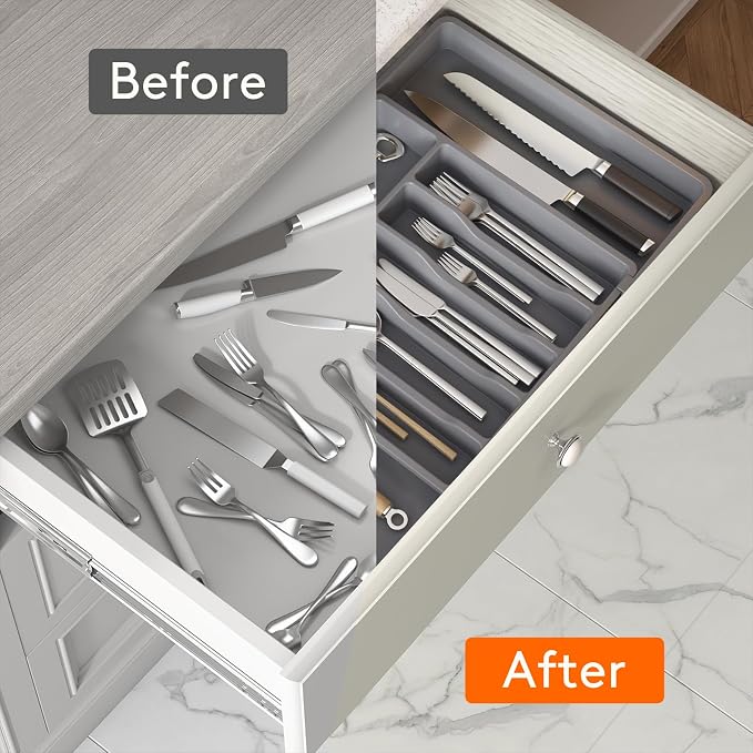 Lifewit Extra Large Silverware Drawer Organizer, Expandable Utensil Tray | BPA Free Flatware Cutlery Holder for Kitchen, Adjustable Plastic Storage for Spoons Forks Knives, 13-22 x15, Dark Gray - Image 5