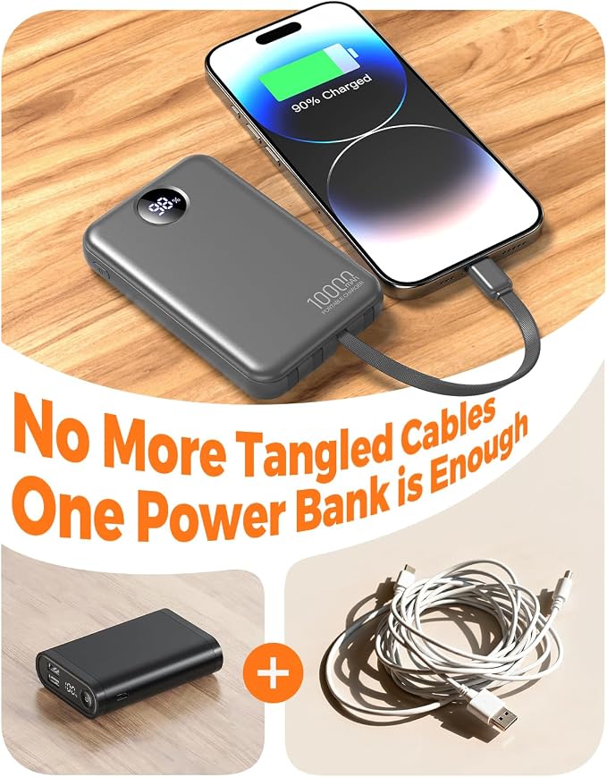 Portable Charger 10000mAh with 4 Built-in Cables 40% Smaller | Power Bank Fast Charging Battery Pack,LED Display Compact with Travel Charger for iPhone Other Devices-Grey - Image 2
