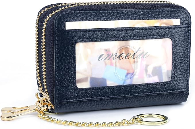 imeetu Rfid Credit Card Holder, Businese Card Case, Wallet for Women Men | Genuine Leather Card Wallet with id Window, Keychain & Double Zipper, Water-resistan Small Wallet with Gift Box, Daily Travel by imeetu